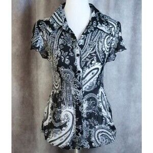 Sere Nade Women's Black White Paisley Chiffon Pleated Ruffle Blouse Size Large